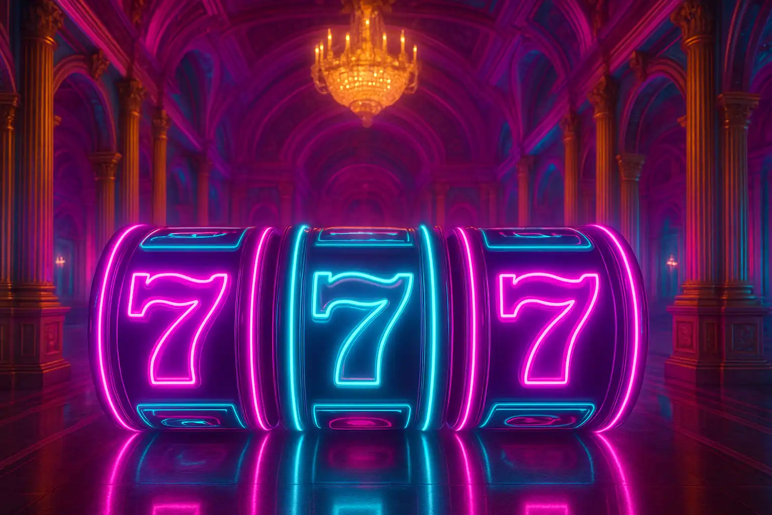 Glowing neon slot machine reels lined up in a royal palace hall